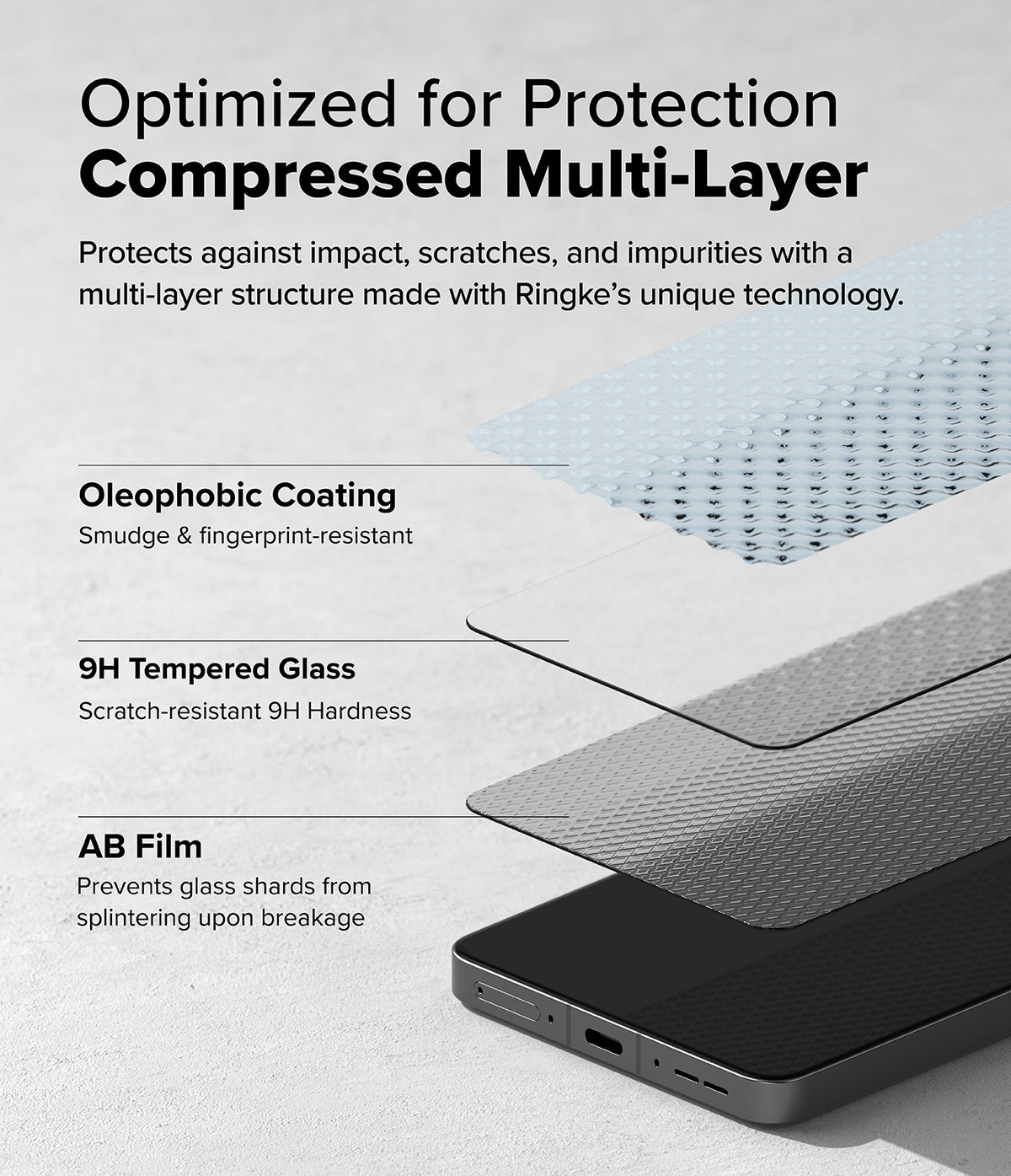 OnePlus 13R Screen Protector | Tempered Glass - Exploded view showing oleophobic coating, 9H tempered glass, and AB film layers on a phone.