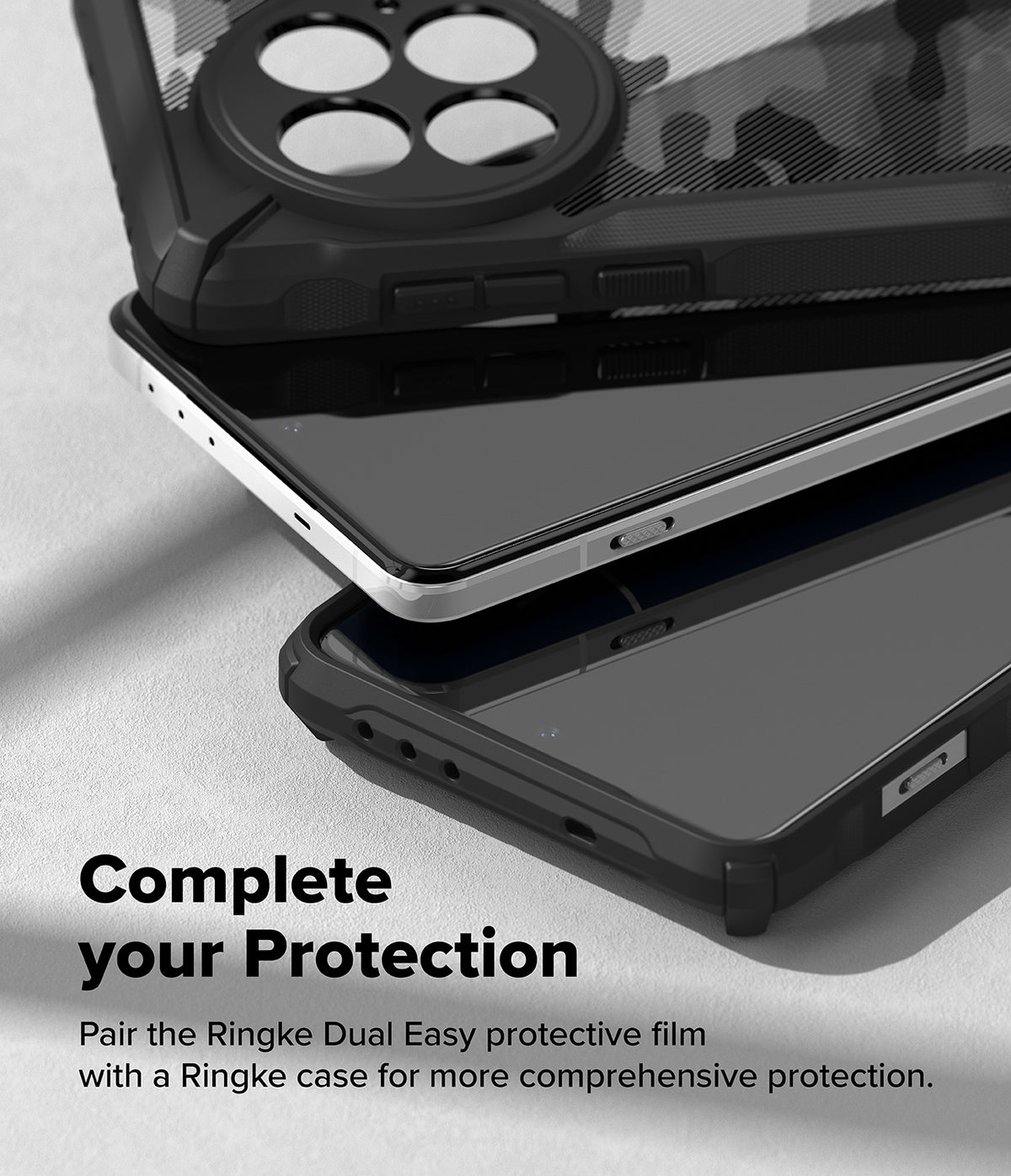 OnePlus 13 Screen Protector | Dual Easy Film - OnePlus 13 Screen Protector - Stacked OnePlus 13 phones with Ringke cases and screen protectors on a textured surface.