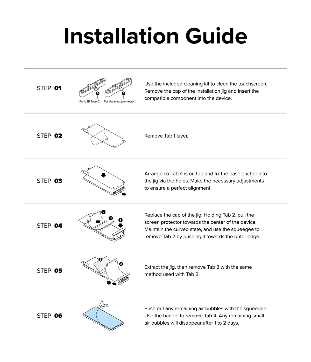 OnePlus 13 Screen Protector | Dual Easy Film - OnePlus 13 Screen Protector - Six-step illustrated installation guide for applying a screen protector using a jig.