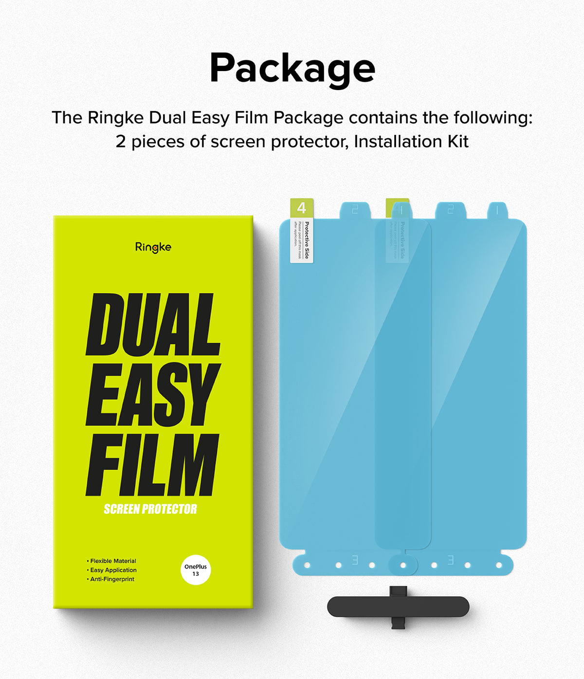 OnePlus 13 Screen Protector | Dual Easy Film - OnePlus 13 Screen Protector - Bright yellow product box next to two blue screen protectors with numbered application tabs.