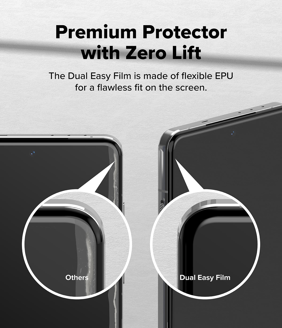OnePlus 13 Screen Protector | Dual Easy Film - OnePlus 13 Screen Protector - Comparison showing Dual Easy Film's seamless edge fit versus a lifting competitor film.