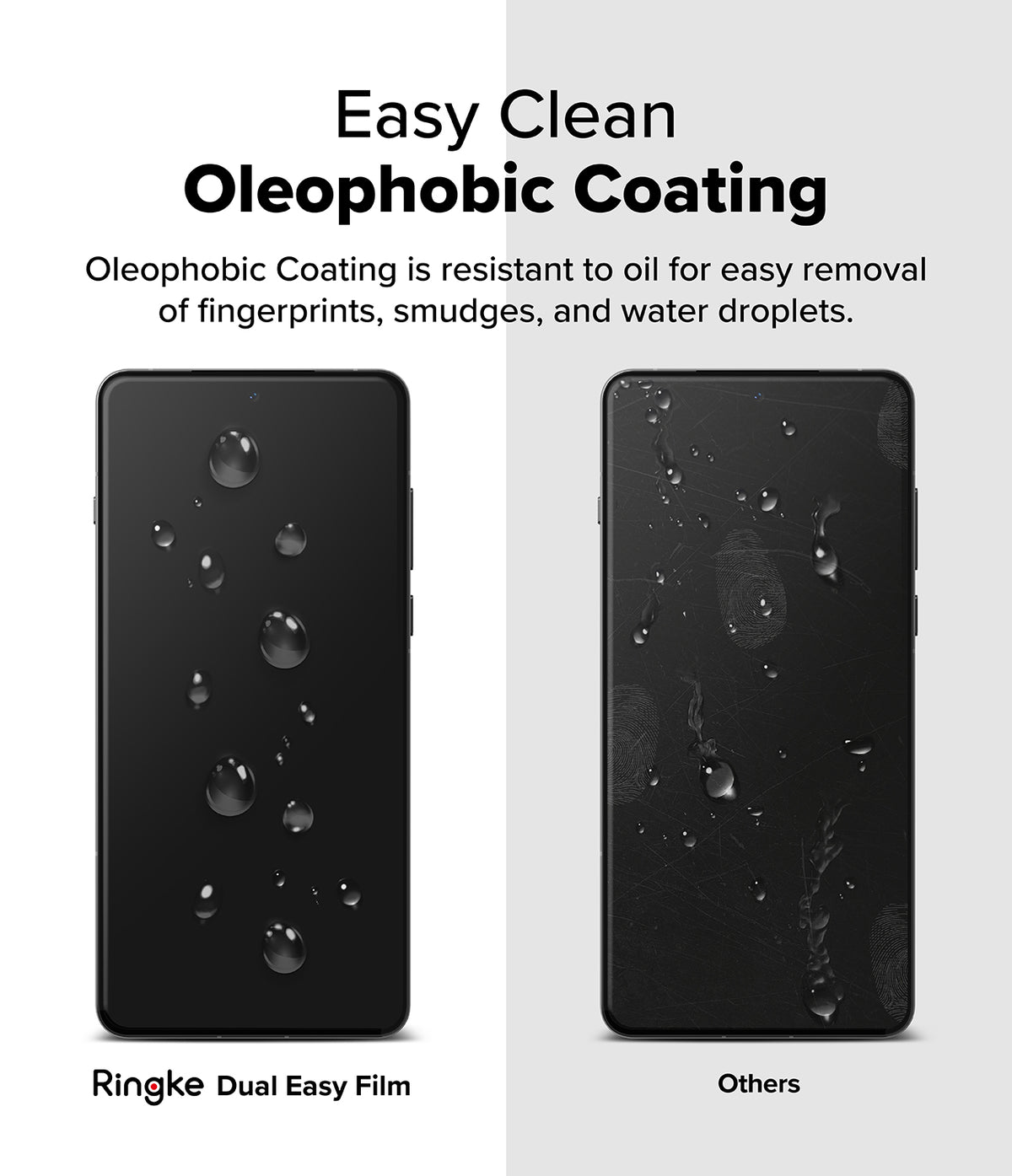 OnePlus 13 Screen Protector | Dual Easy Film - OnePlus 13 Screen Protector - Comparison showing water beading on Ringke film versus smudges on a standard screen.
