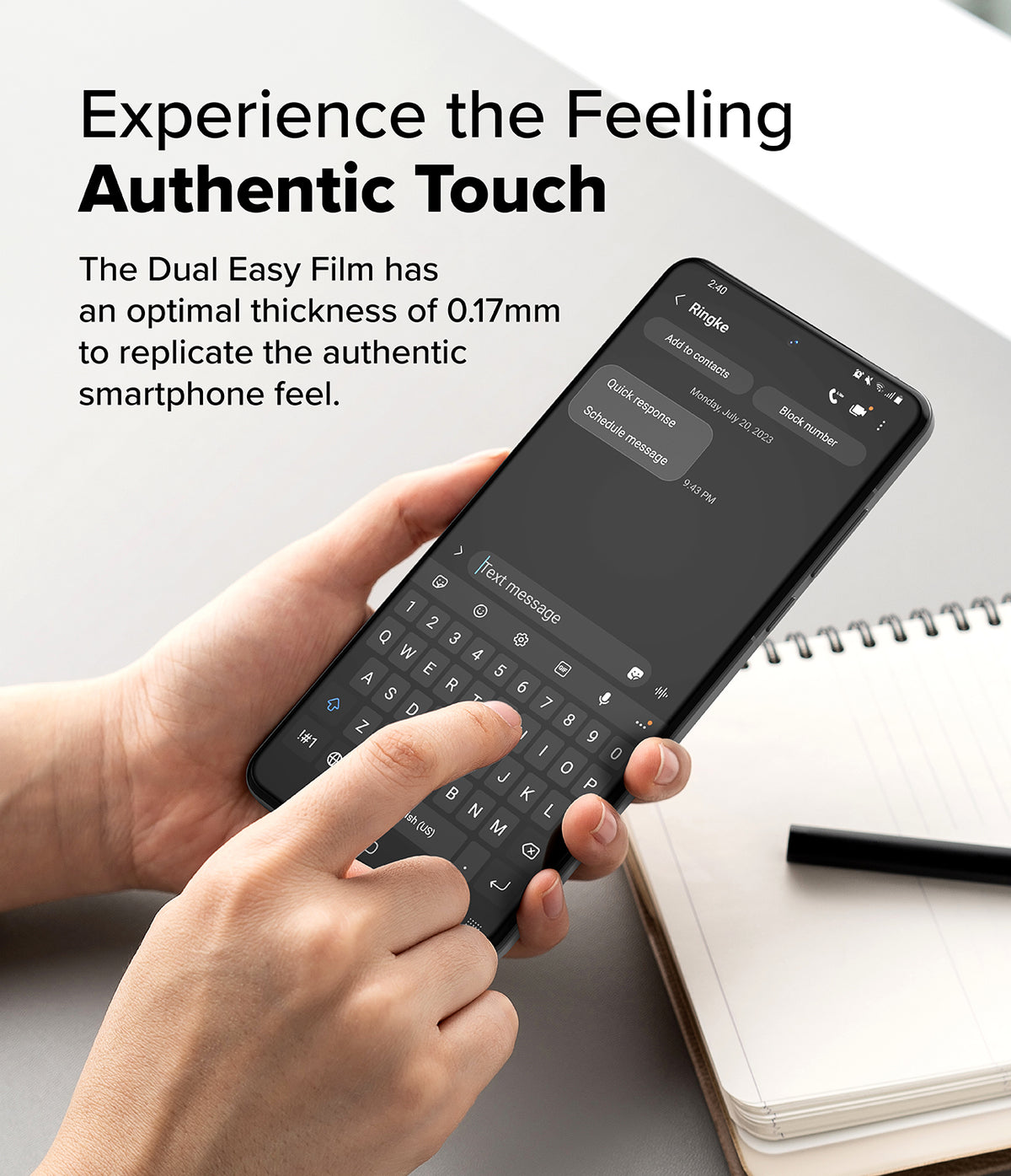 OnePlus 13 Screen Protector | Dual Easy Film - OnePlus 13 Screen Protector - Hands holding a smartphone with a screen protector, typing on the digital keyboard.
