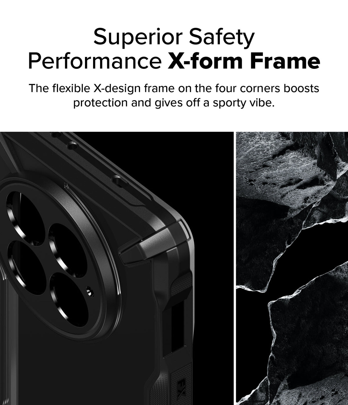 OnePlus 13 Case | Fusion-X - Close-up of a black phone case corner with a rugged X-design frame next to a textured rock background.
