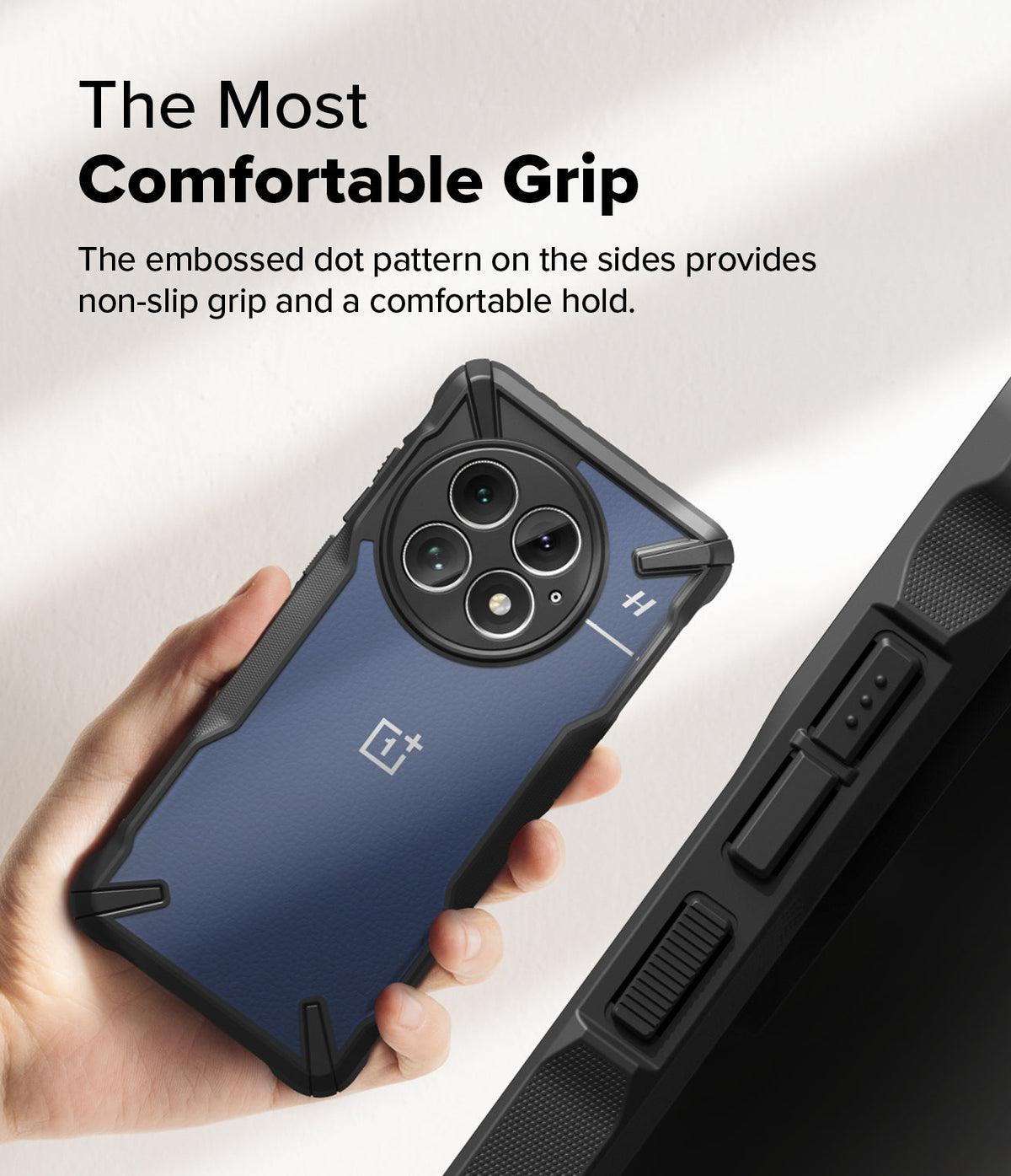 OnePlus 13 Case | Fusion-X - Hand holding a blue OnePlus 13 in a black case with textured side grips and reinforced corners.