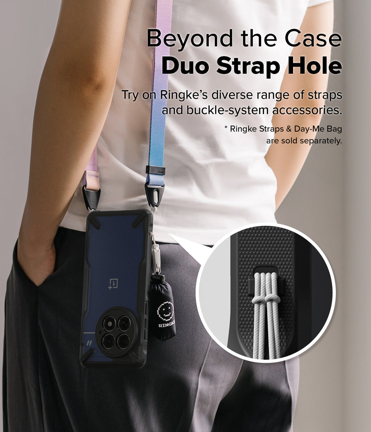 OnePlus 13 Case | Fusion-X - Person wearing a phone case with a dual-strap system and a close-up of the strap attachment point.