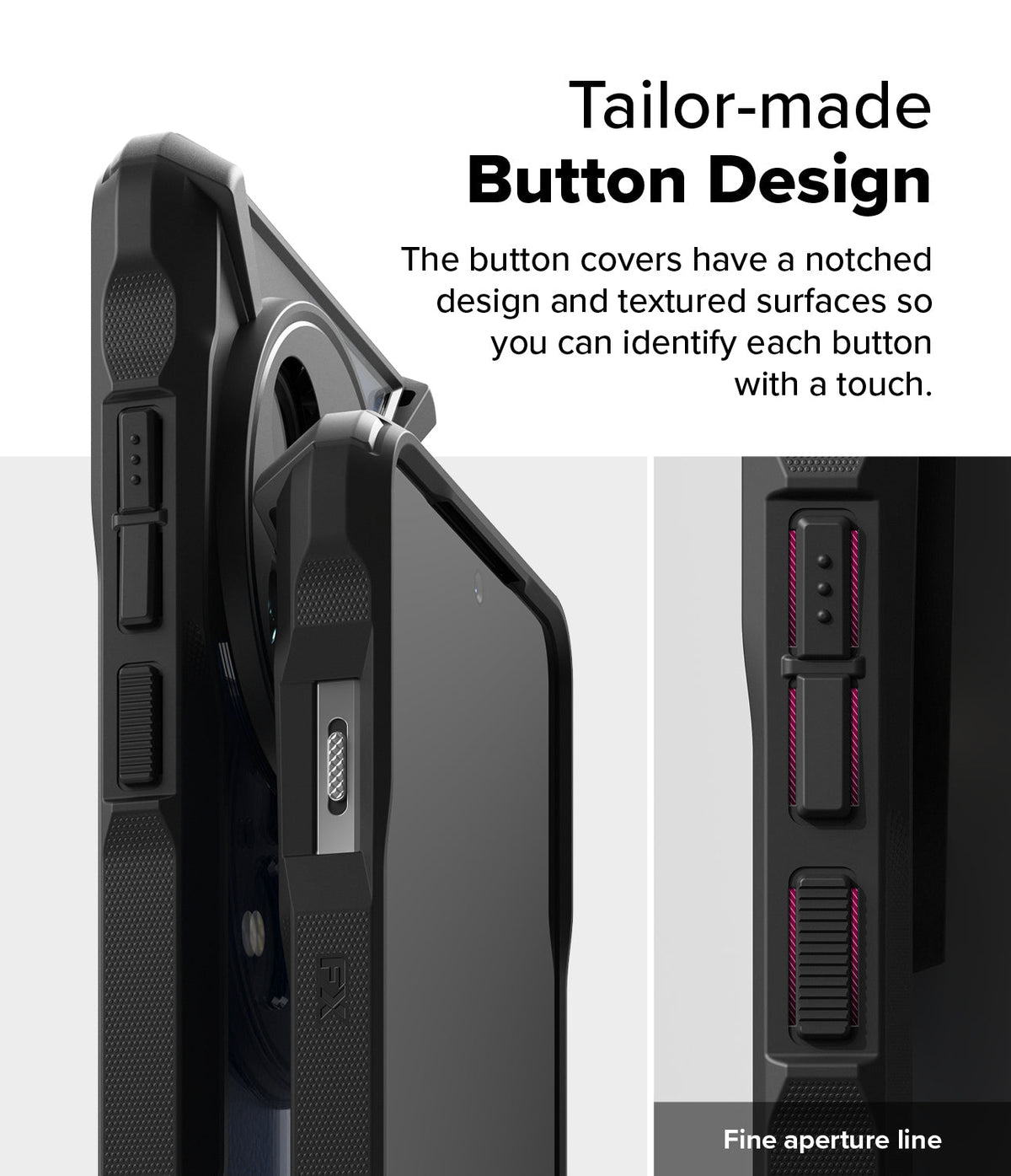 OnePlus 13 Case | Fusion-X - Close-up of textured, notched button covers on a black protective phone case.