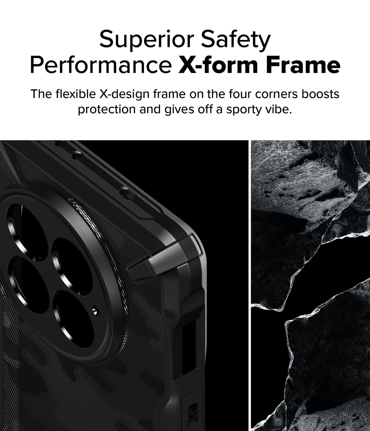 OnePlus 13 Case | Fusion-X - Close-up of a black phone case corner with an X-shaped frame design next to a rocky texture.