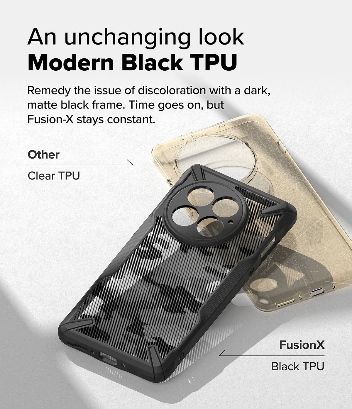 OnePlus 13 Case | Fusion-X - Comparison of a yellowed clear phone case and a durable black Fusion-X case for OnePlus 13.