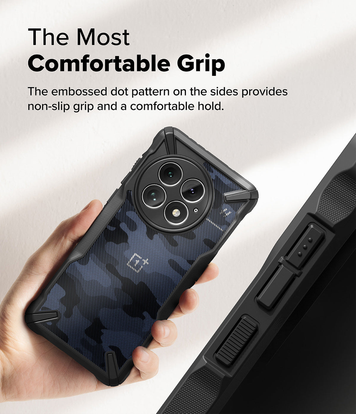 OnePlus 13 Case | Fusion-X - Hand holding a blue camo phone case with textured side grips and a circular camera cutout.