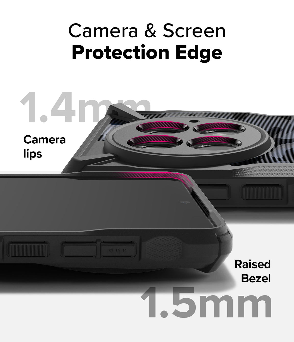 OnePlus 13 Case | Fusion-X - Close-up of phone case showing 1.4mm camera lips and 1.5mm raised screen bezel for protection.