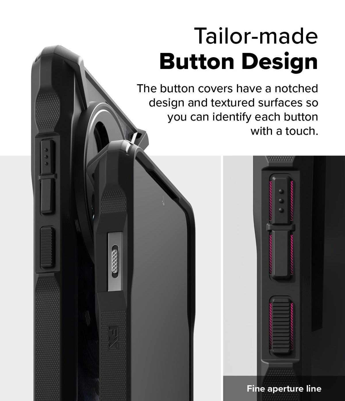 OnePlus 13 Case | Fusion-X - Close-up of textured, tactile phone case buttons with a notched design for easy identification.