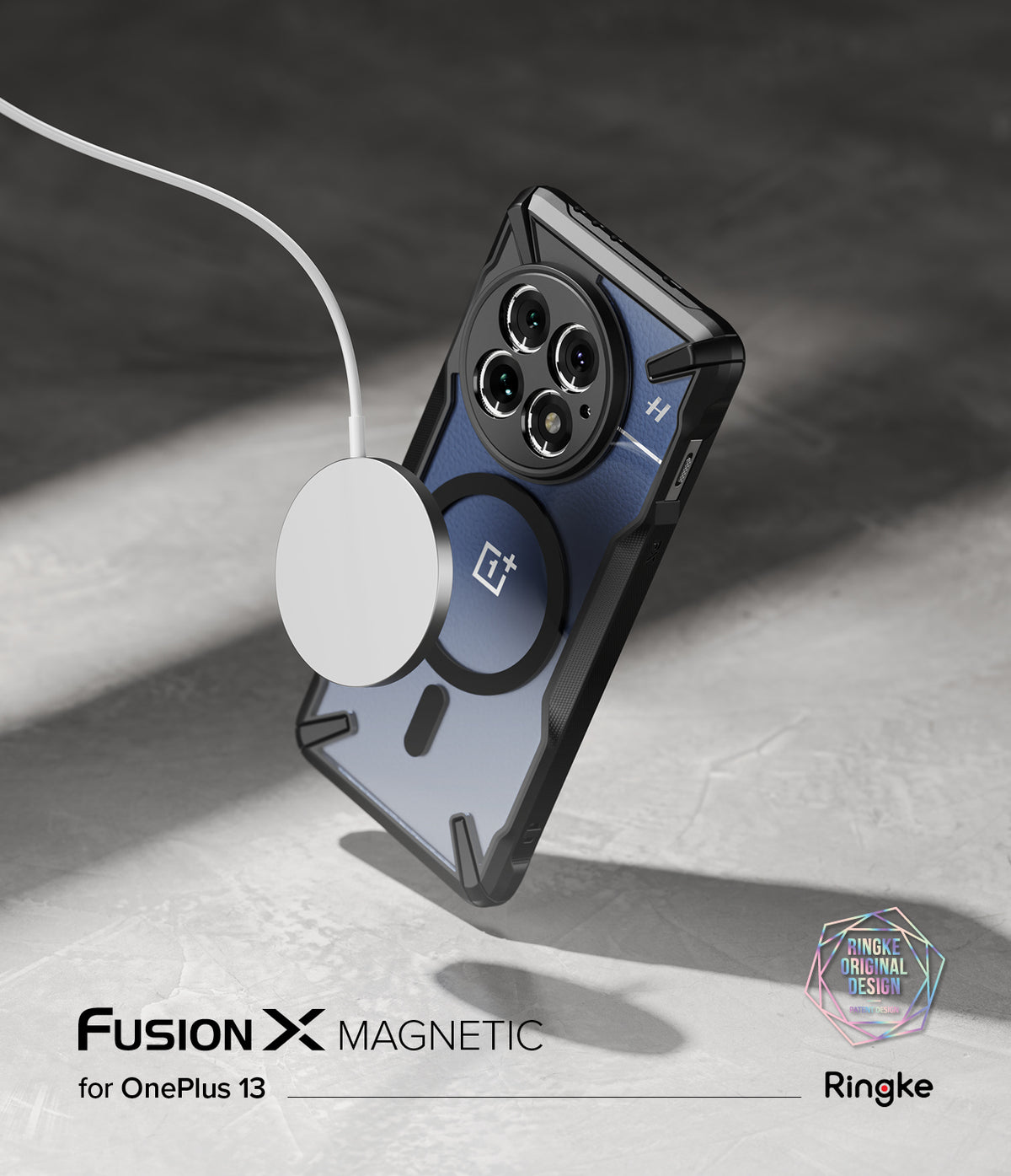 OnePlus 13 Case | Fusion-X Magnetic - OnePlus 13 in a black Fusion-X case being charged by a magnetic wireless charger.