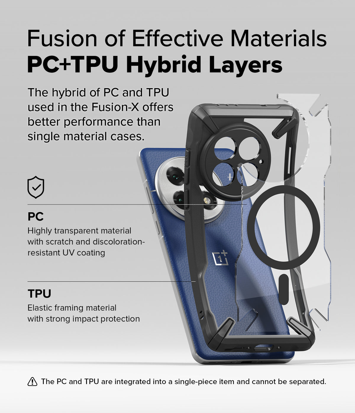 OnePlus 13 Case | Fusion-X Magnetic - Exploded view showing PC and TPU hybrid layers of a protective phone case.