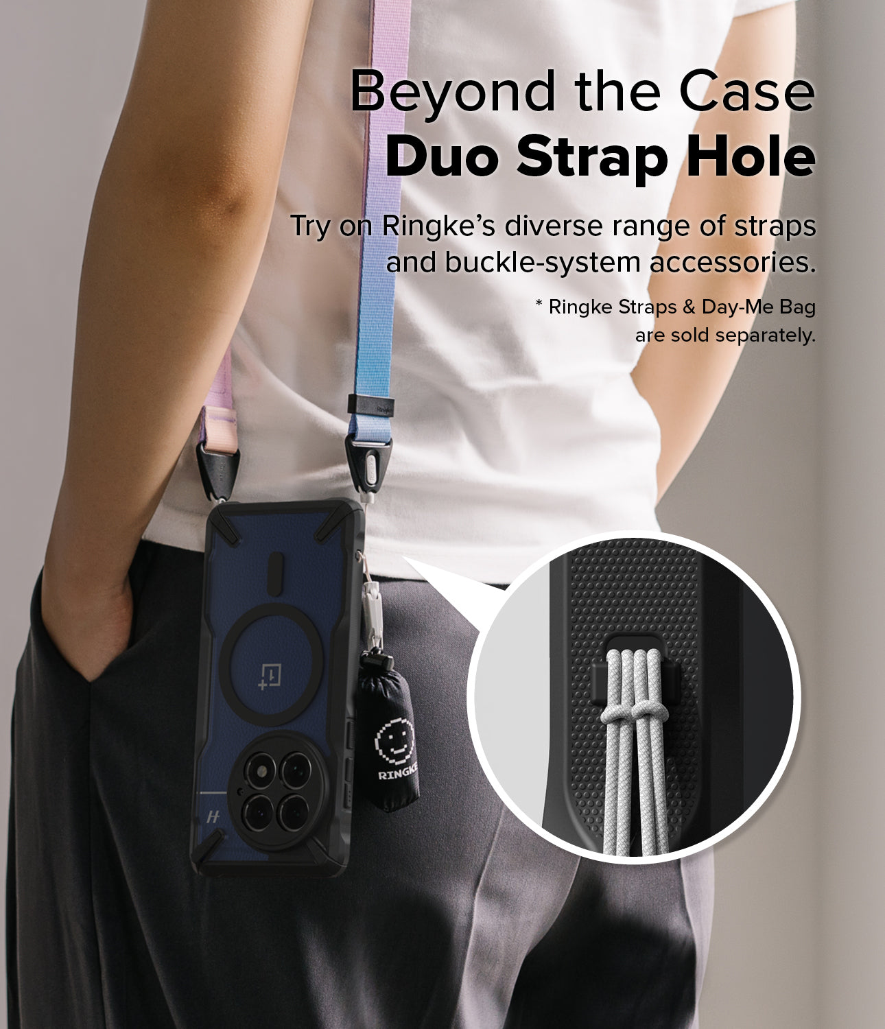 OnePlus 13 Case | Fusion-X Magnetic - Person wearing a phone case with a colorful dual-strap system and a small bag.