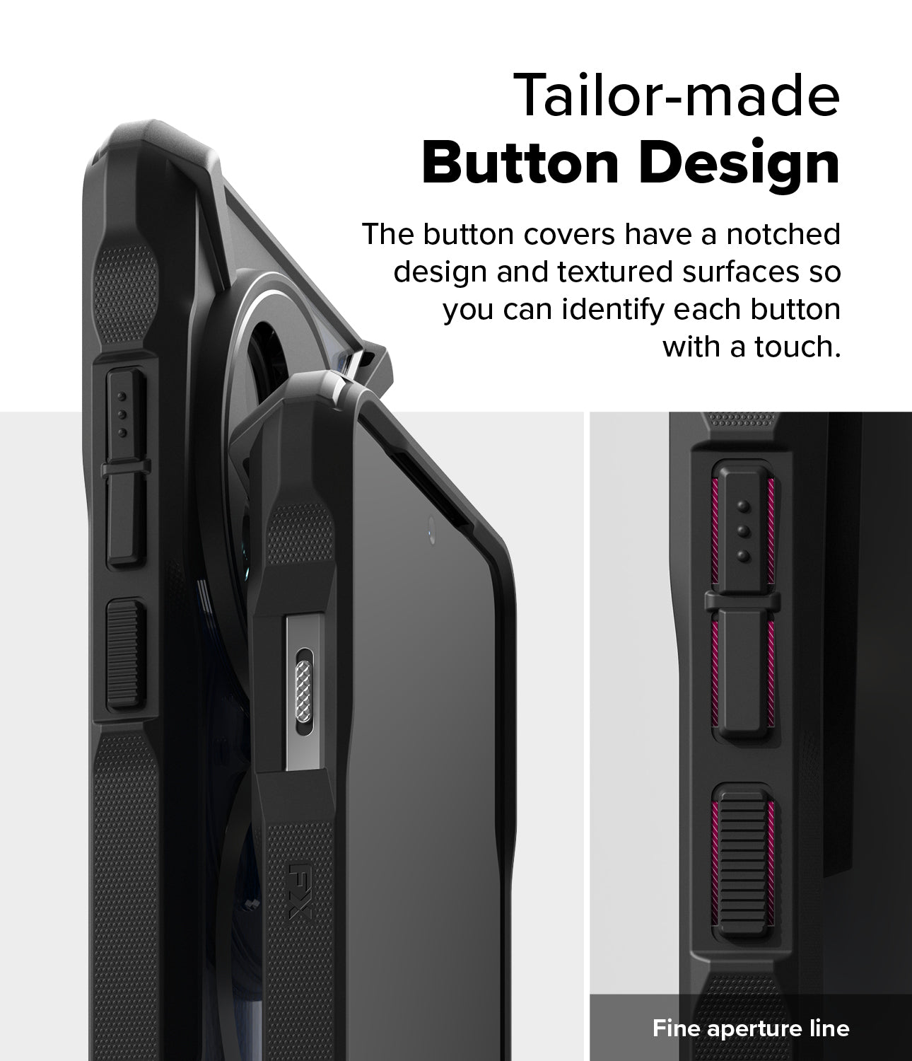 OnePlus 13 Case | Fusion-X Magnetic - Close-up of black phone case buttons with textured, notched surfaces for tactile feedback.