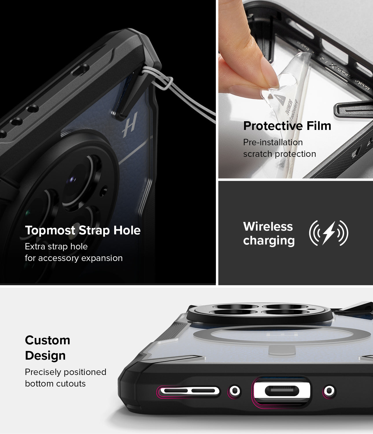 OnePlus 13 Case | Fusion-X Magnetic - Features showing a strap hole, protective film, wireless charging, and port cutouts.