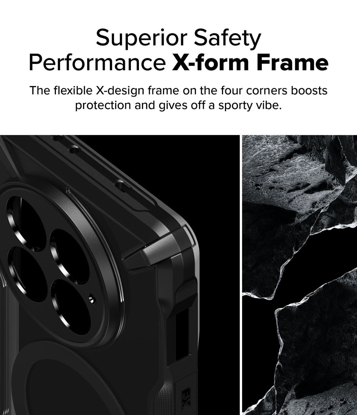 OnePlus 13 Case | Fusion-X Magnetic - Close-up of a black phone case corner with an X-form design next to rock textures.