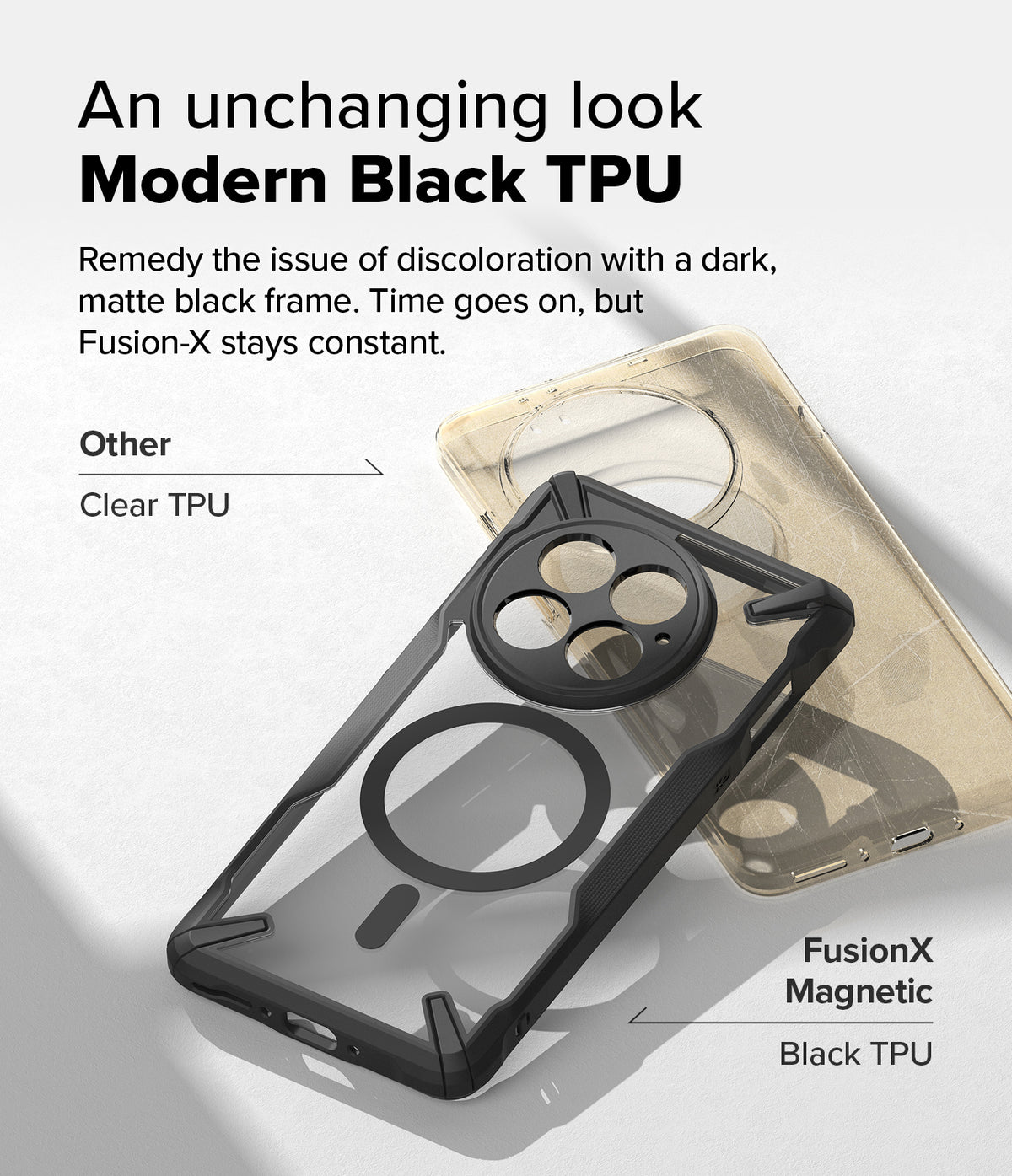 OnePlus 13 Case | Fusion-X Magnetic - Comparison of a yellowed clear case and a pristine black Fusion-X magnetic case.