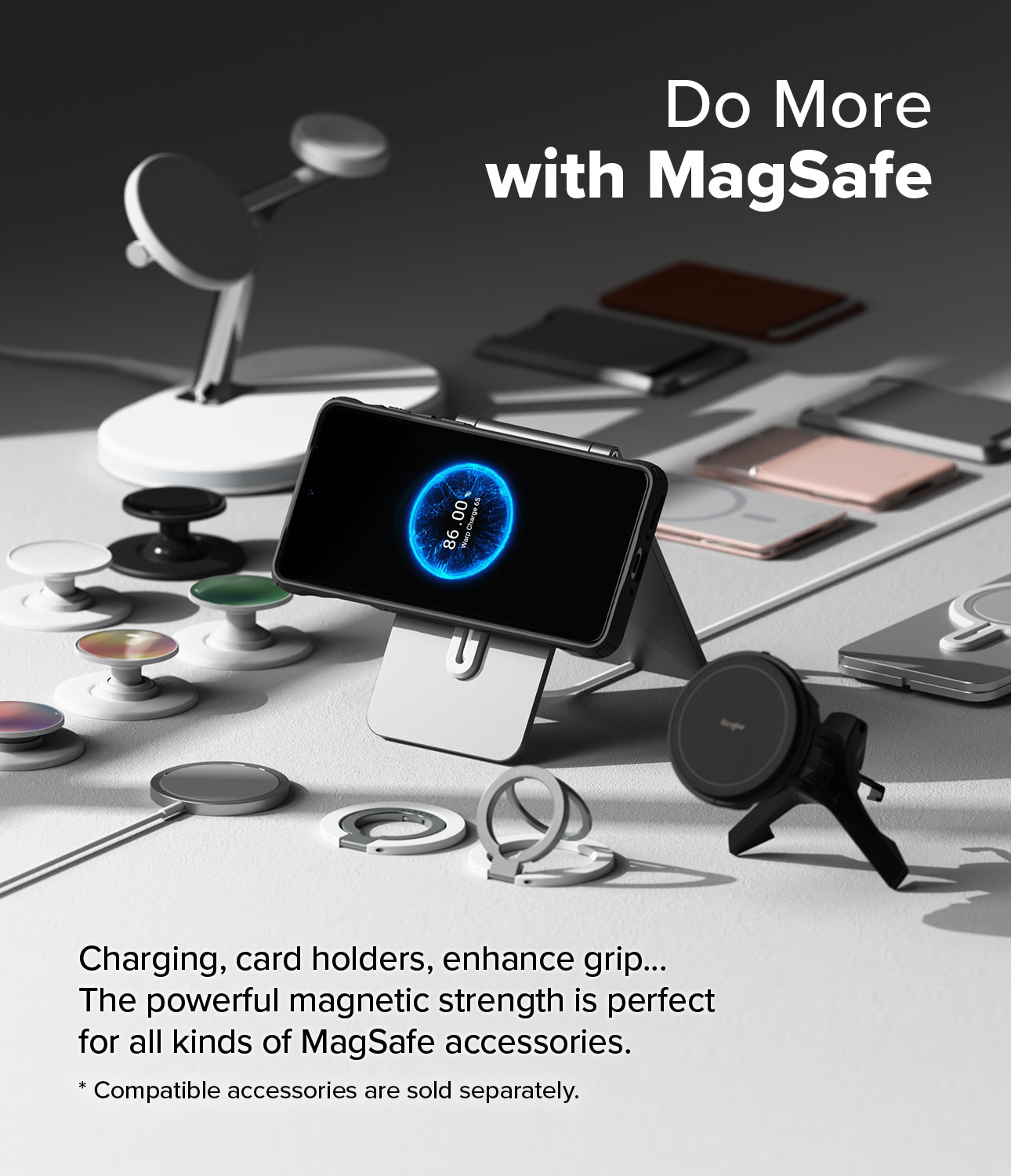 OnePlus 13 Case | Fusion-X Magnetic - OnePlus 13 on a magnetic stand surrounded by various MagSafe accessories and chargers.