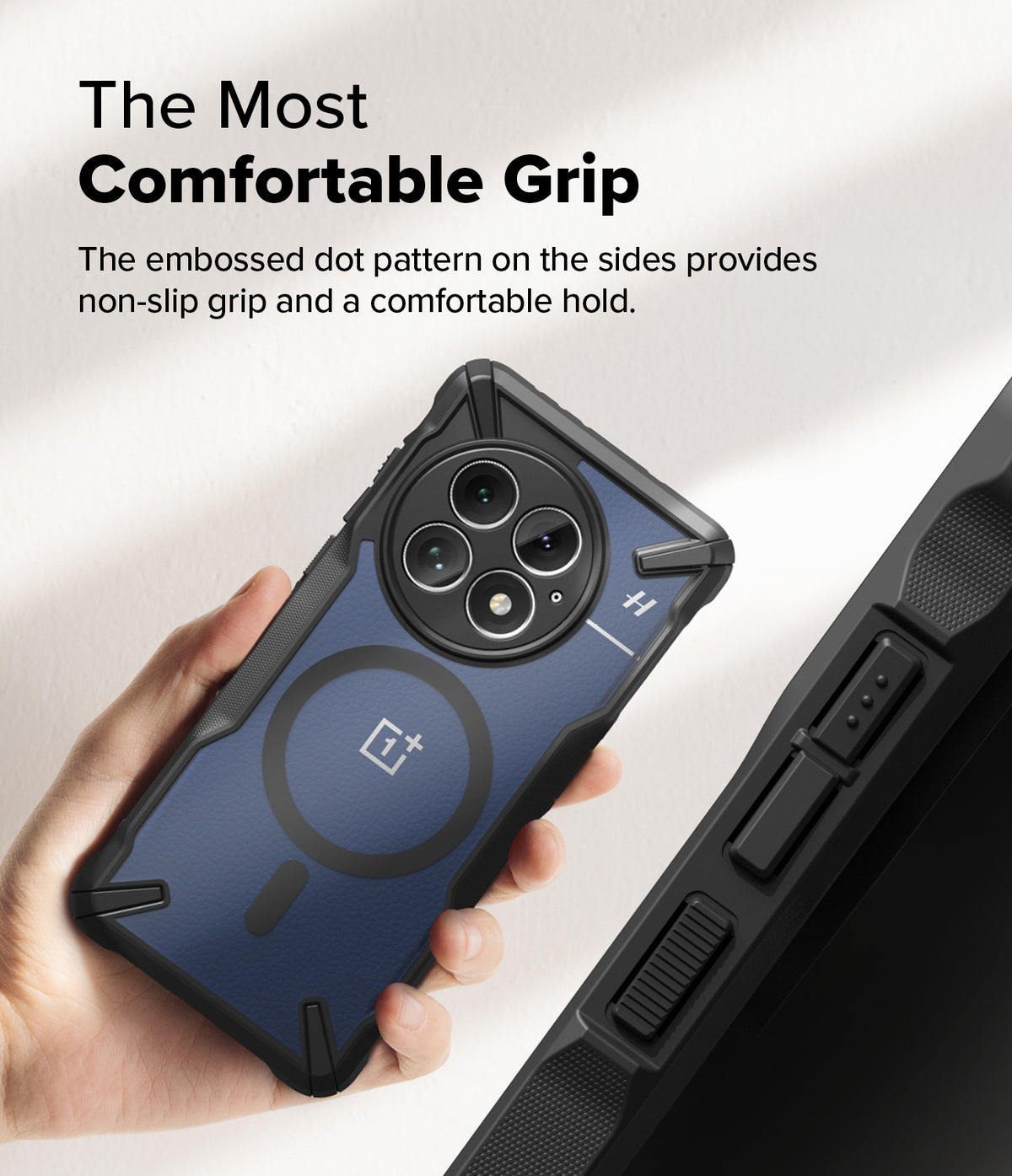 OnePlus 13 Case | Fusion-X Magnetic - Hand holding a blue OnePlus 13 case with a magnetic ring and textured side grip.