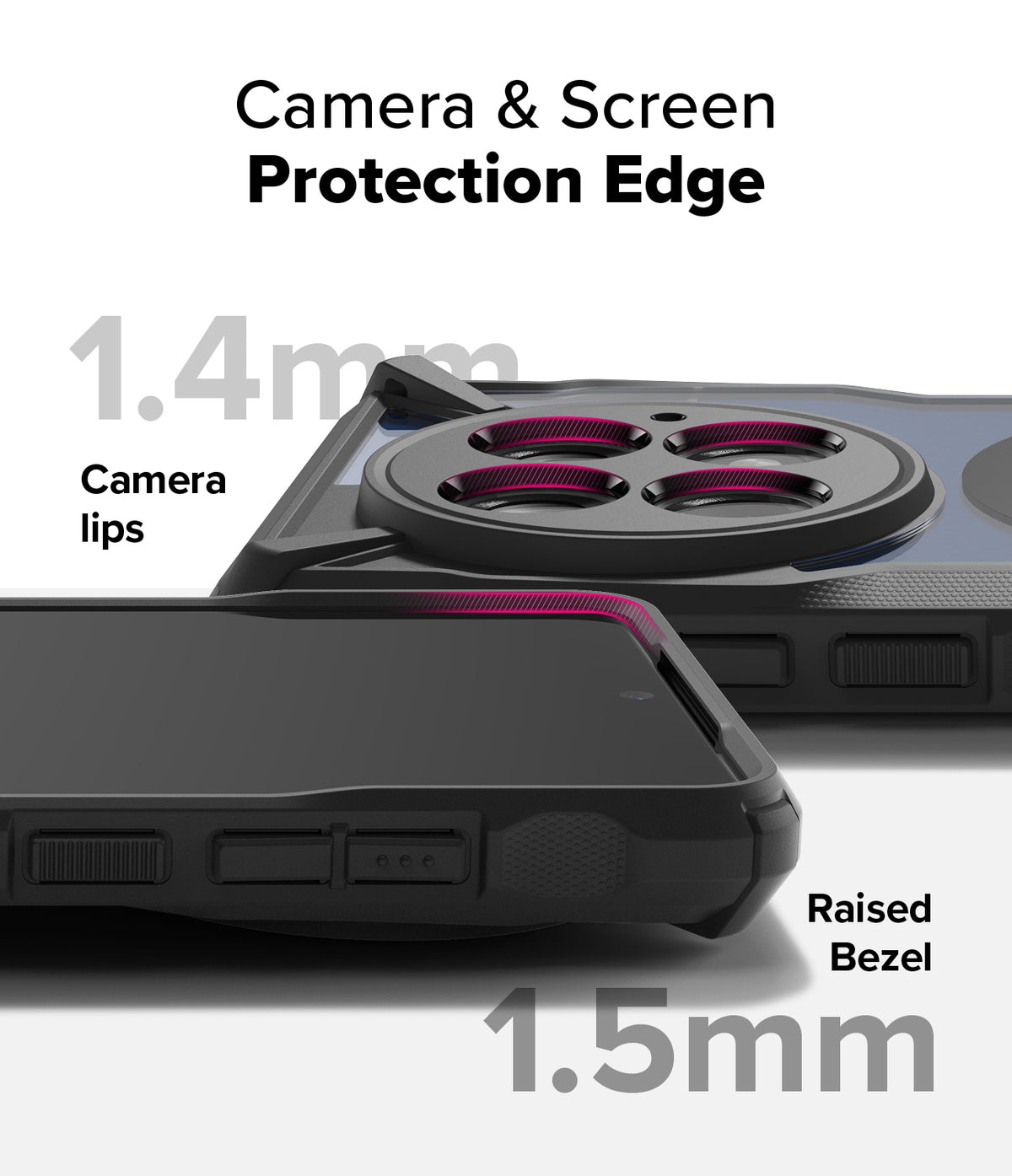 OnePlus 13 Case | Fusion-X Magnetic - Close-up of phone case showing 1.4mm camera lips and 1.5mm raised screen bezel protection.