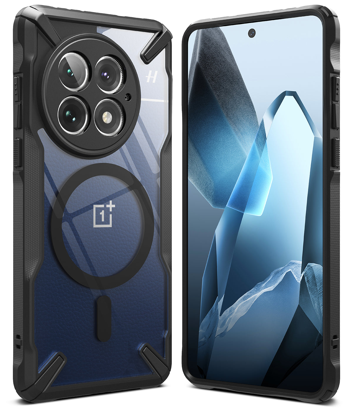 OnePlus 13 Case | Fusion-X Magnetic - Rugged clear case with black frame, magnetic ring, and camera cutout on a phone.
