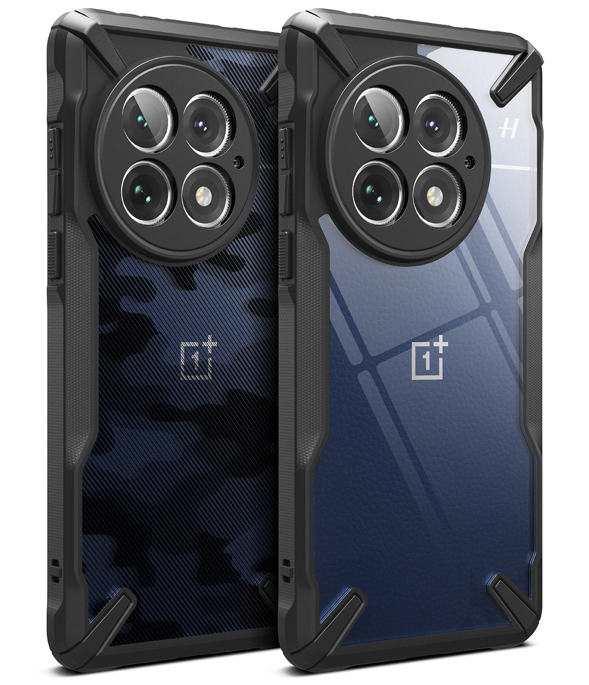 OnePlus 13 Case | Fusion-X - Two rugged phone cases with black bumpers, one with camo pattern and one clear blue back.