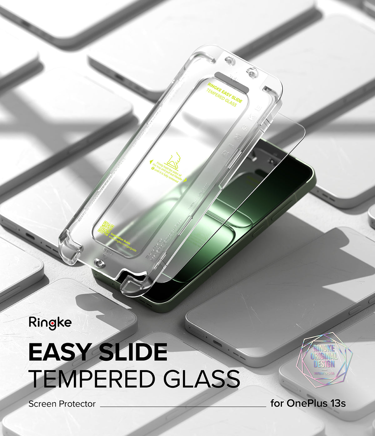 OnePlus 13S Screen Protector | Easy Slide Tempered Glass - Easy Slide tempered glass installation tray hovering over a green smartphone.