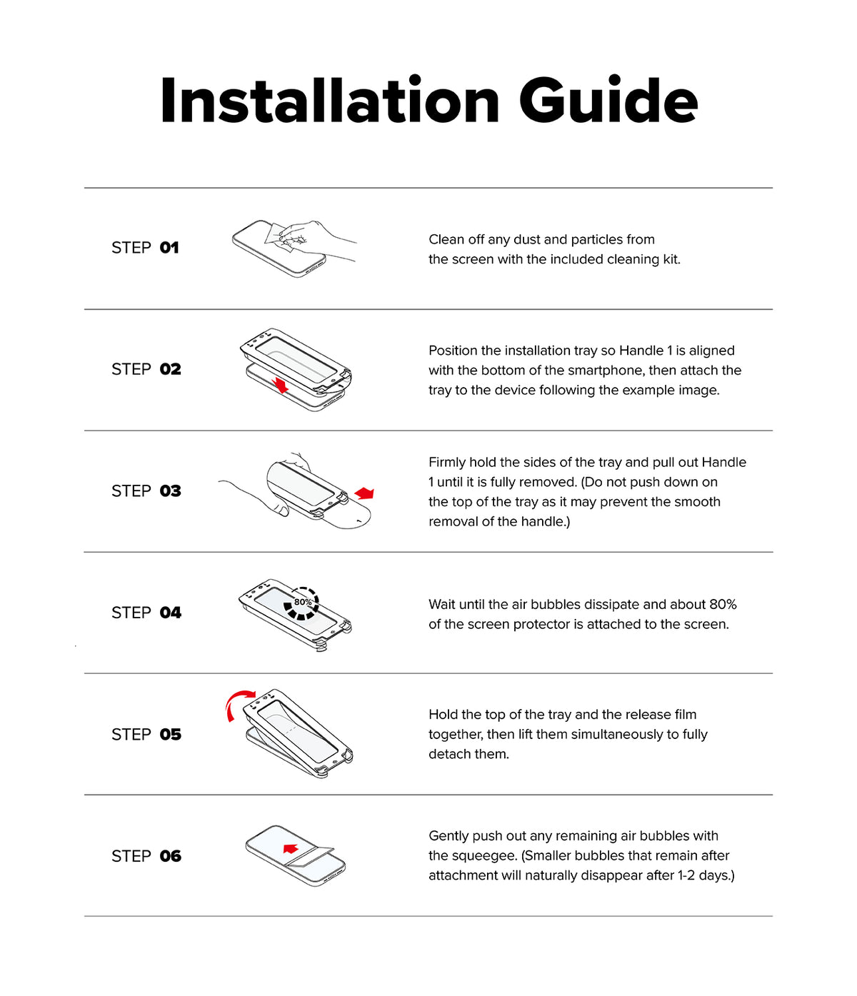 OnePlus 13S Screen Protector | Easy Slide Tempered Glass - Six-step illustrated installation guide for applying a tempered glass screen protector.