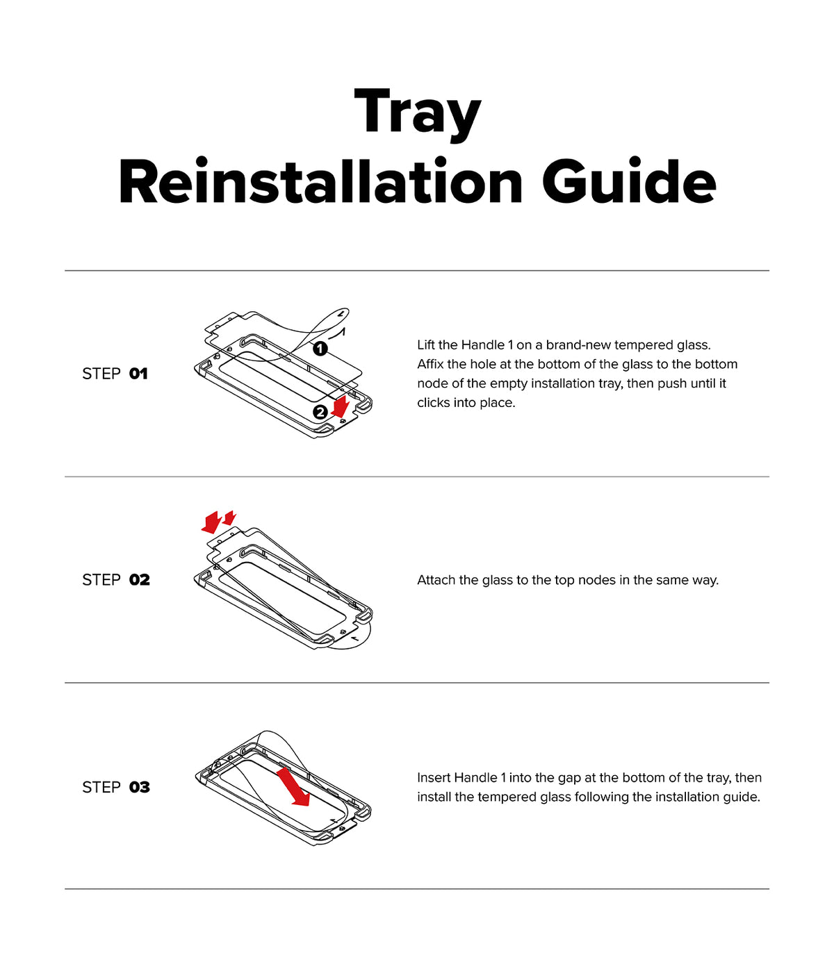 OnePlus 13S Screen Protector | Easy Slide Tempered Glass - Three-step diagram showing how to attach a tempered glass screen protector to an installation tray.