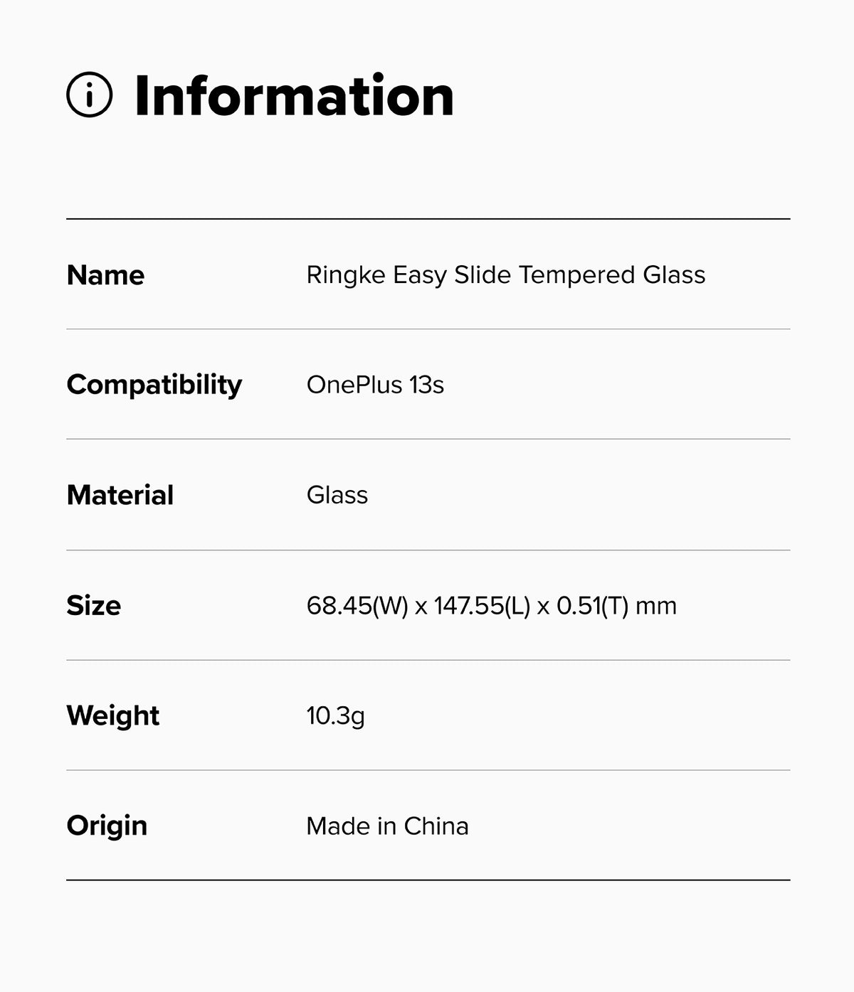 OnePlus 13S Screen Protector | Easy Slide Tempered Glass - Information table listing product name, compatibility, material, size, weight, and origin.