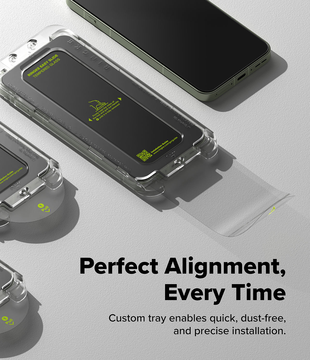 OnePlus 13S Screen Protector | Easy Slide Tempered Glass - Easy slide installation tray with tempered glass and smartphone on a grey surface.