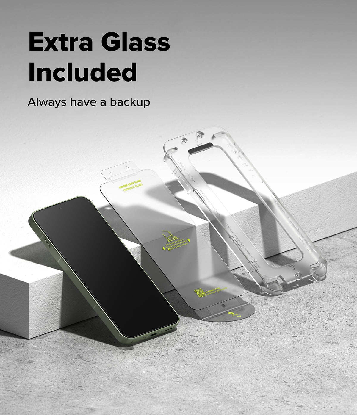 OnePlus 13S Screen Protector | Easy Slide Tempered Glass - Smartphone, tempered glass protector, and installation tray on a white surface.