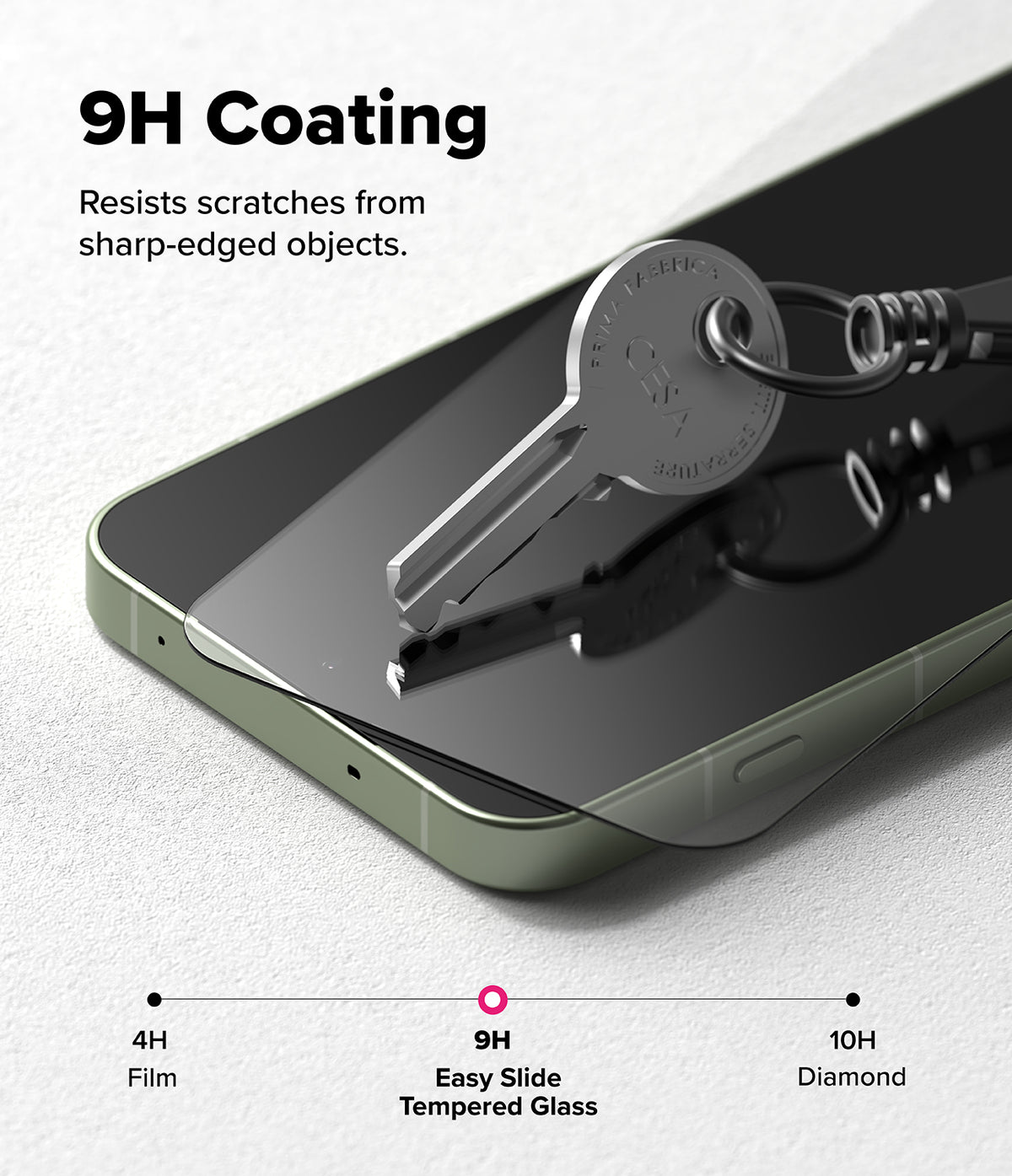 OnePlus 13S Screen Protector | Easy Slide Tempered Glass - A metal key resting on a smartphone screen, demonstrating 9H scratch-resistant glass.