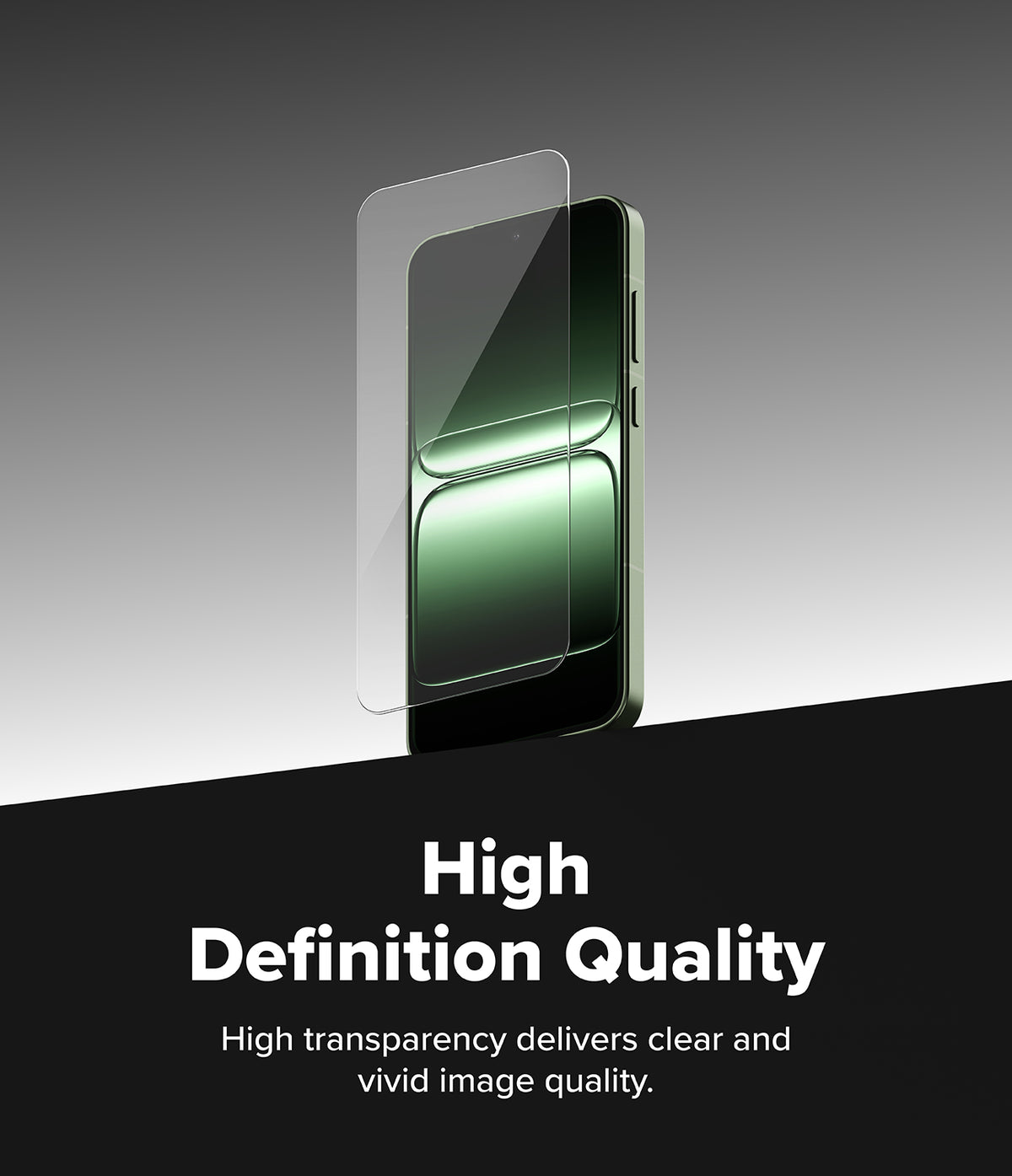 OnePlus 13S Screen Protector | Easy Slide Tempered Glass - A clear tempered glass sheet hovering above a green smartphone against a gradient background.