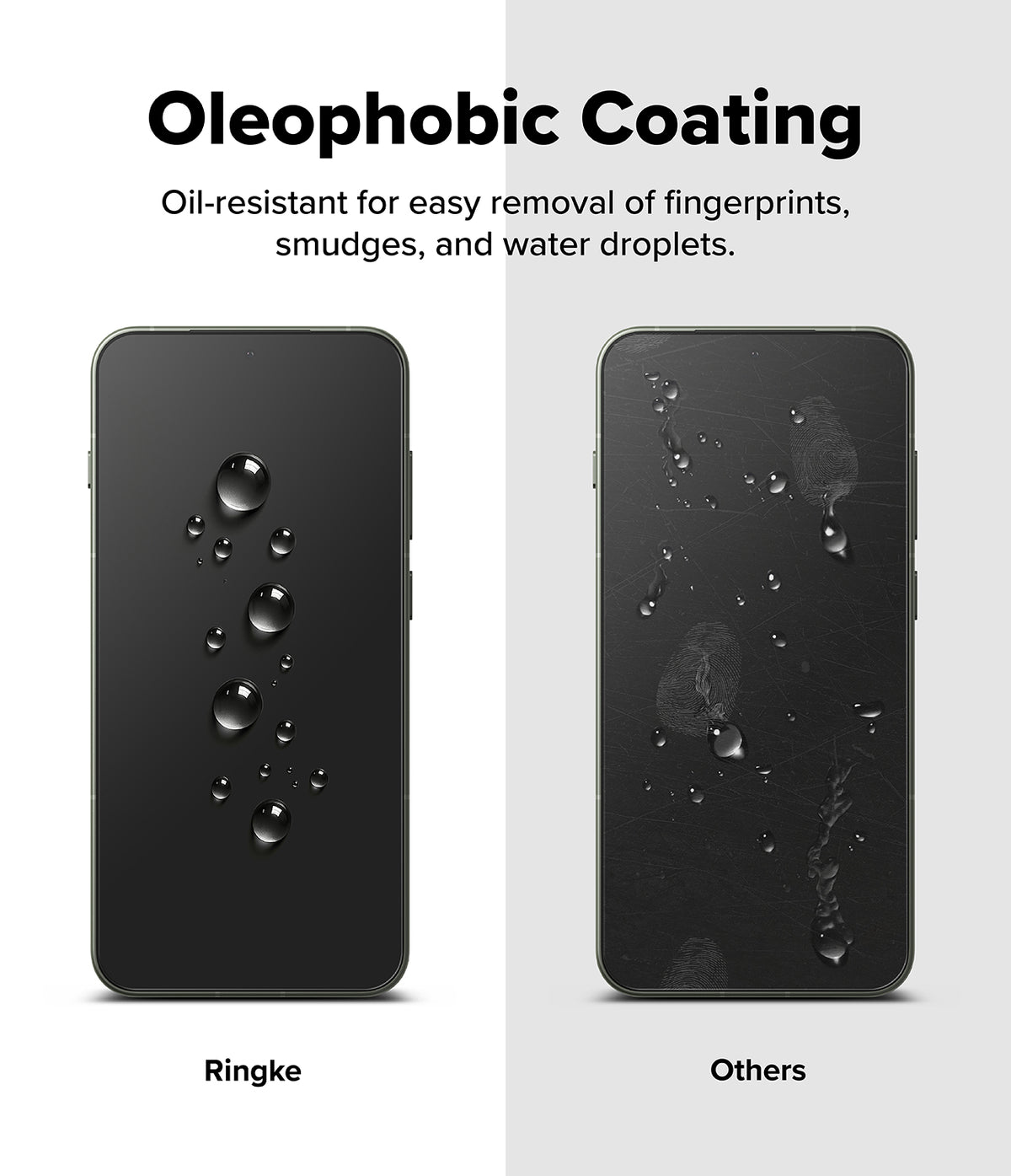 OnePlus 13S Screen Protector | Easy Slide Tempered Glass - Comparison showing water beading on a clean Ringke screen versus smudges on another.
