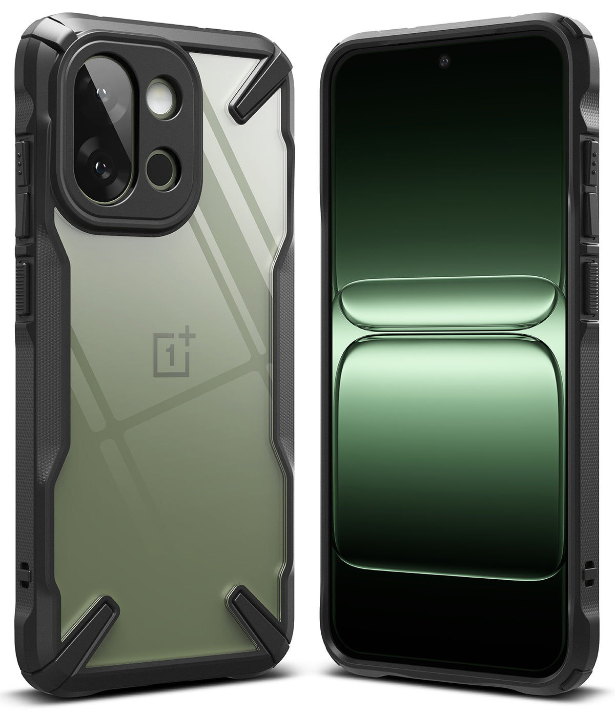 OnePlus 13S Case | Fusion-X - Rugged black protective case with a clear back panel showing the OnePlus logo on a smartphone.