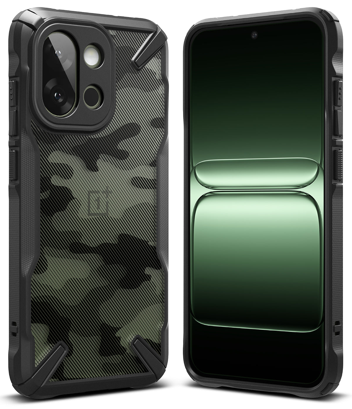 OnePlus 13S Case | Fusion-X - Rugged black camouflage phone case shown from back and front with a green gradient screen display.
