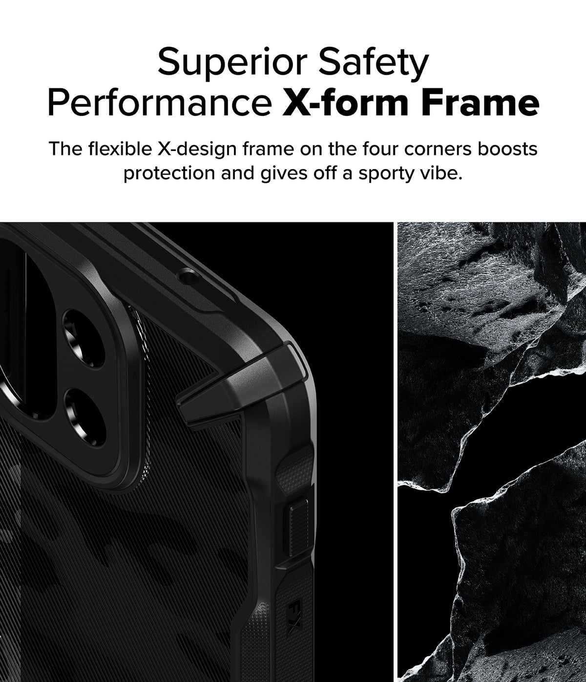 OnePlus 13S Case | Fusion-X - Close-up of a black phone case corner with a rugged, reinforced X-design frame next to jagged rock.