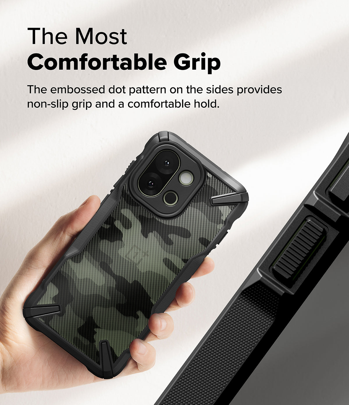 OnePlus 13S Case | Fusion-X - Hand holding a camo-patterned phone case with textured, non-slip dotted side grips.
