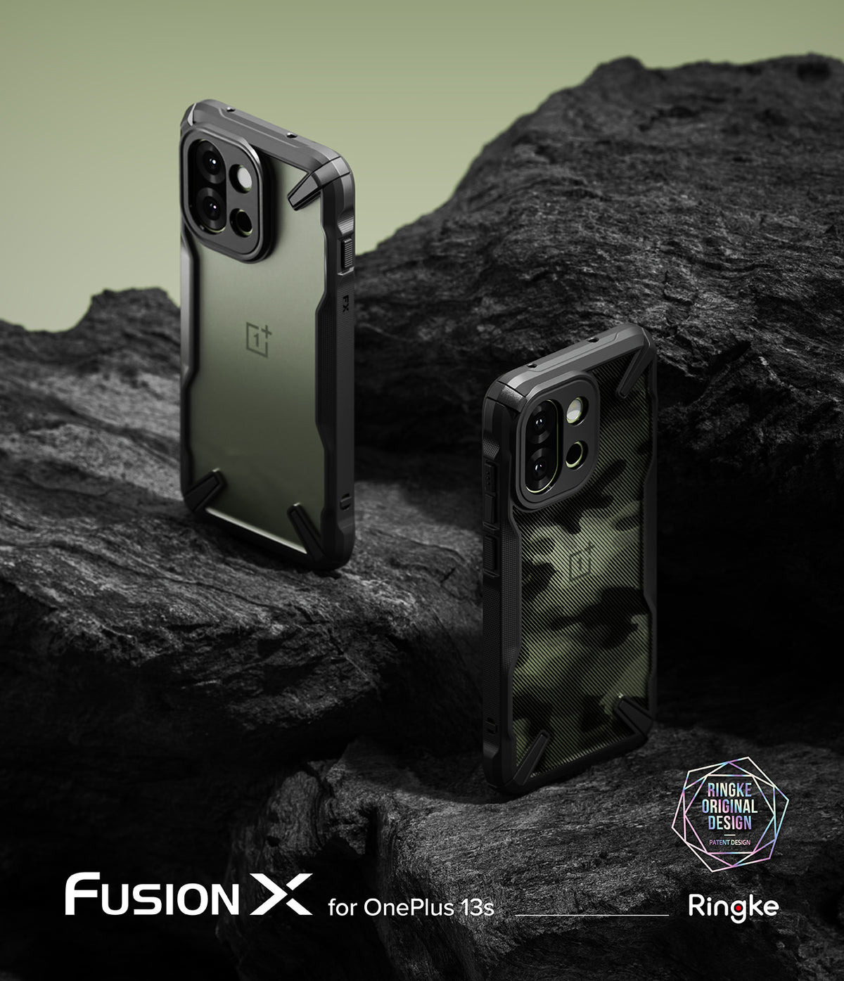 OnePlus 13S Case | Fusion-X - Two rugged Fusion-X phone cases for OnePlus 13s displayed on dark, textured volcanic rock.