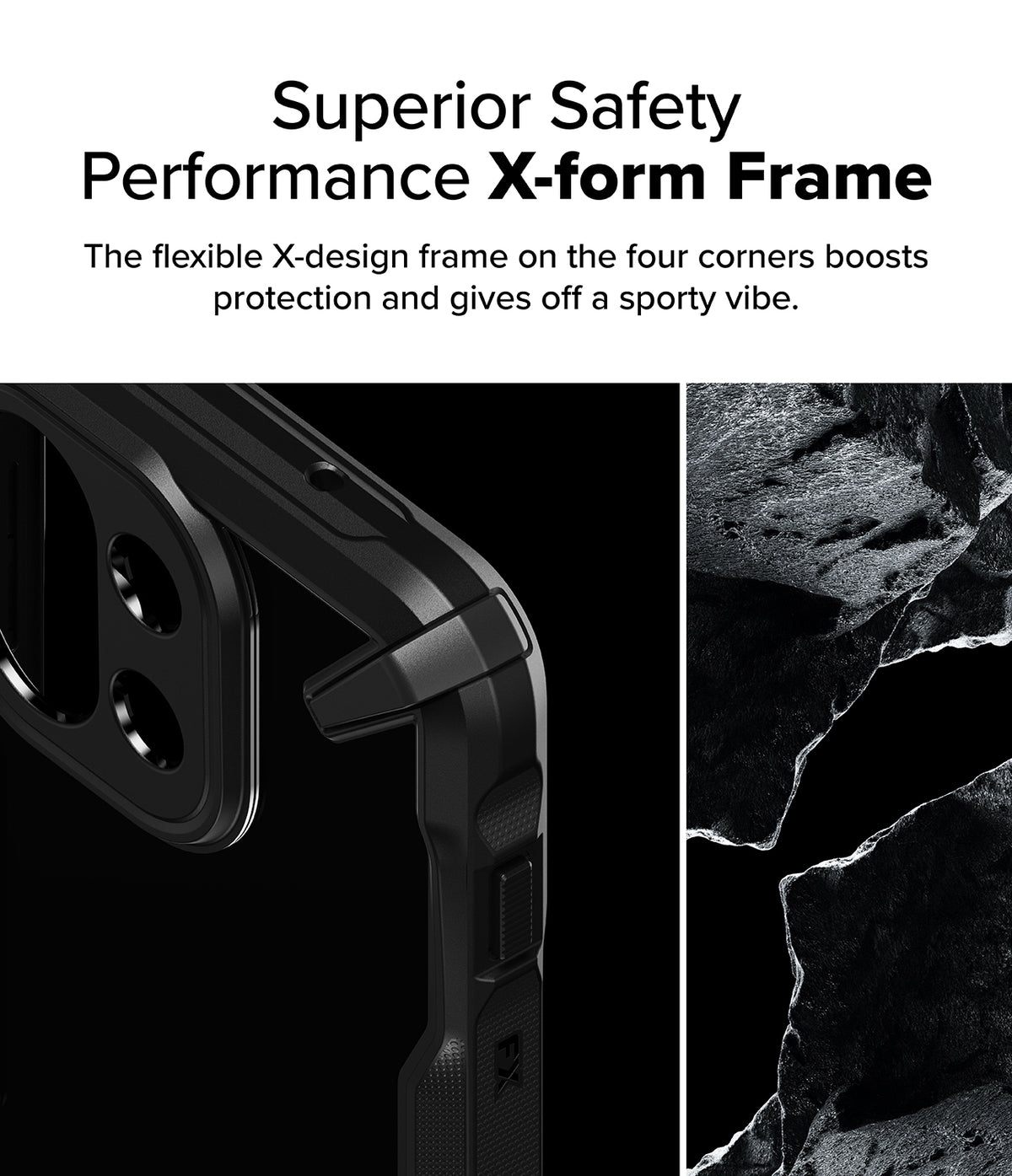 OnePlus 13S Case | Fusion-X - Close-up of a black phone case corner with a reinforced X-design frame and textured side grip.