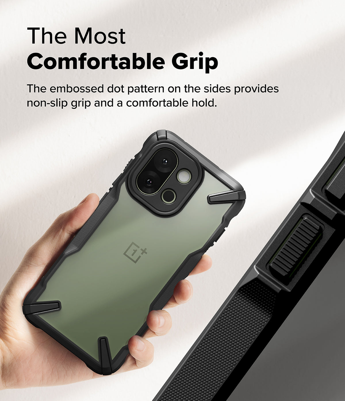 OnePlus 13S Case | Fusion-X - Hand holding a phone with a black protective case featuring a textured, non-slip side grip.