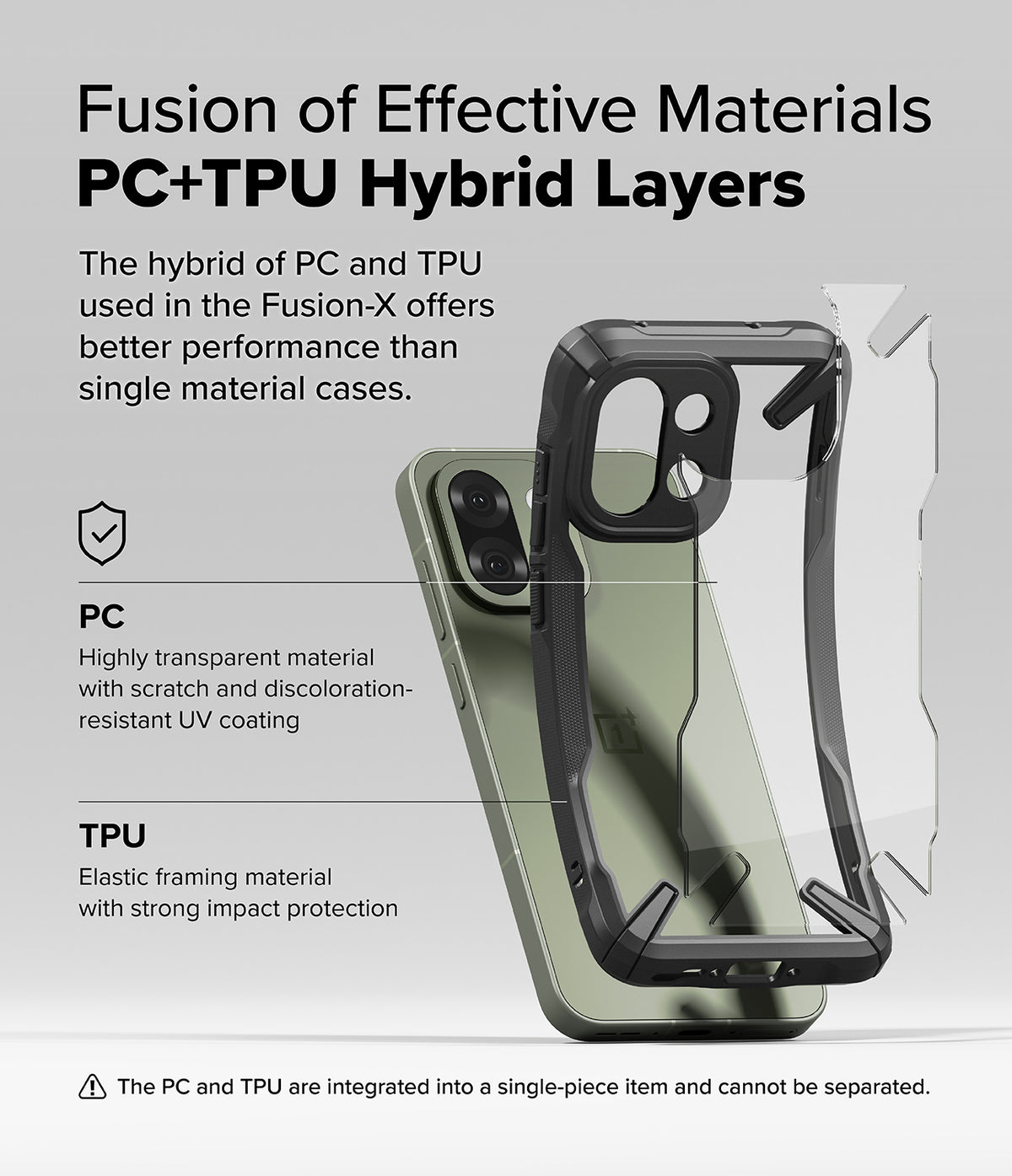 OnePlus 13S Case | Fusion-X - Exploded view of a hybrid PC and TPU phone case showing its transparent back and black frame.