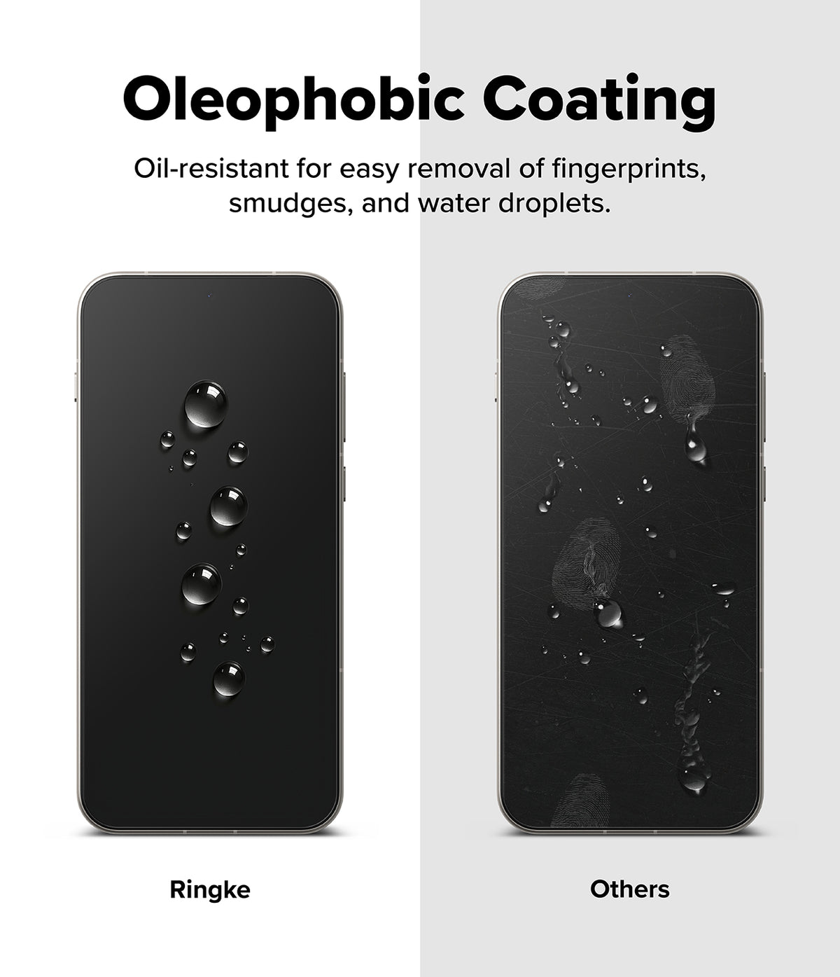 OnePlus 15 Screen Protector | Easy Slide Tempered Glass (2P) - OnePlus 15 Screen Protector - Comparison showing Ringke screen with water beads versus a smudged screen with fingerprints.