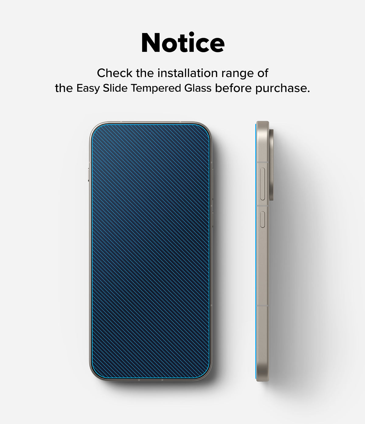 OnePlus 15 Screen Protector | Easy Slide Tempered Glass (2P) - OnePlus 15 Screen Protector - Front and side views of a smartphone showing the tempered glass installation area.