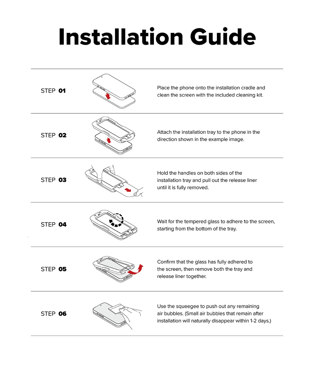 OnePlus 15 Screen Protector | Easy Slide Tempered Glass (2P) - OnePlus 15 Screen Protector - Six-step illustrated guide showing how to install a tempered glass screen protector.