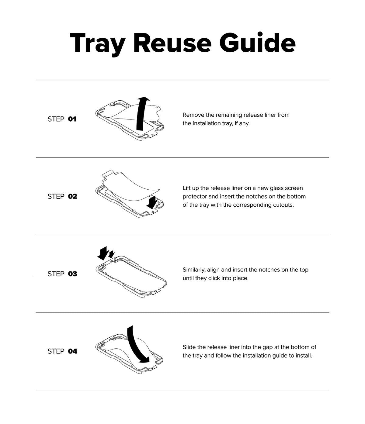 OnePlus 15 Screen Protector | Easy Slide Tempered Glass (2P) - OnePlus 15 Screen Protector - Four-step illustrated guide showing how to reuse the installation tray for a screen protector.