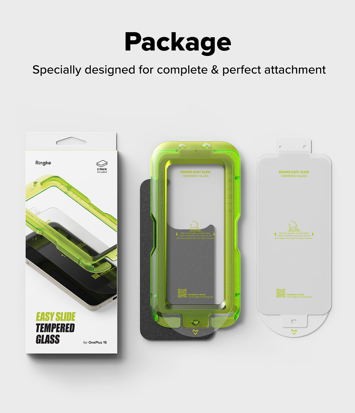 OnePlus 15 Screen Protector | Easy Slide Tempered Glass (2P) - OnePlus 15 Screen Protector - Retail box, green installation tray, and tempered glass screen protector for OnePlus 15.